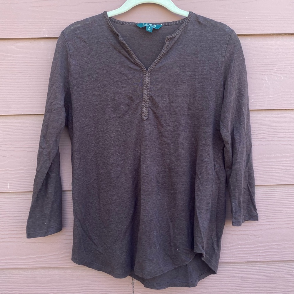 Lauren Ralph Lauren 100% Linen Soft Brown Quarter Sleeve Shirt Blouse V Neck S
